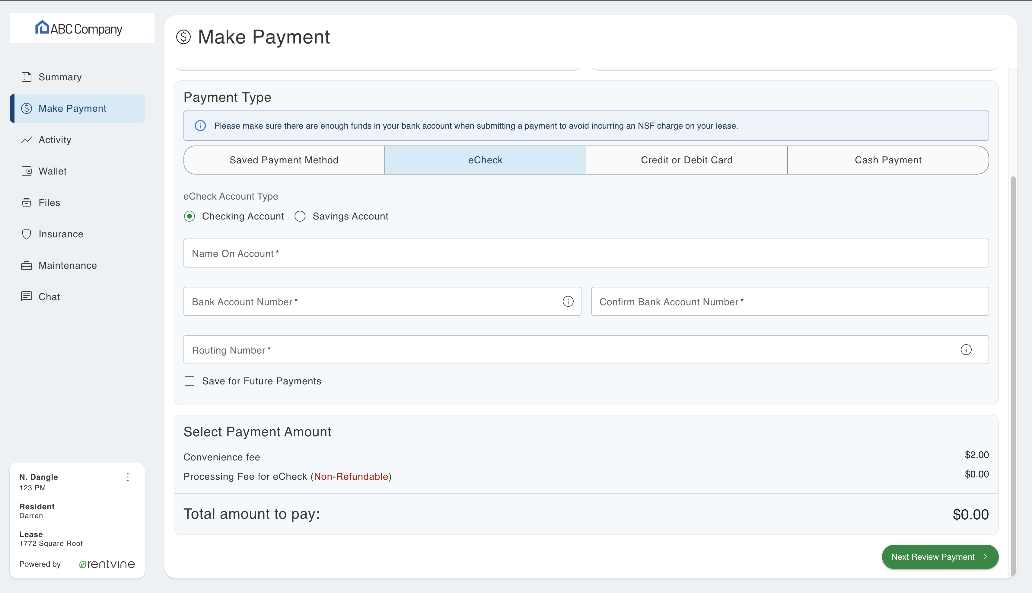 Make a Payment screen showing eCheck payment form