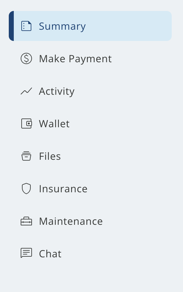 Rentvine portal navigation menu showing all tabs