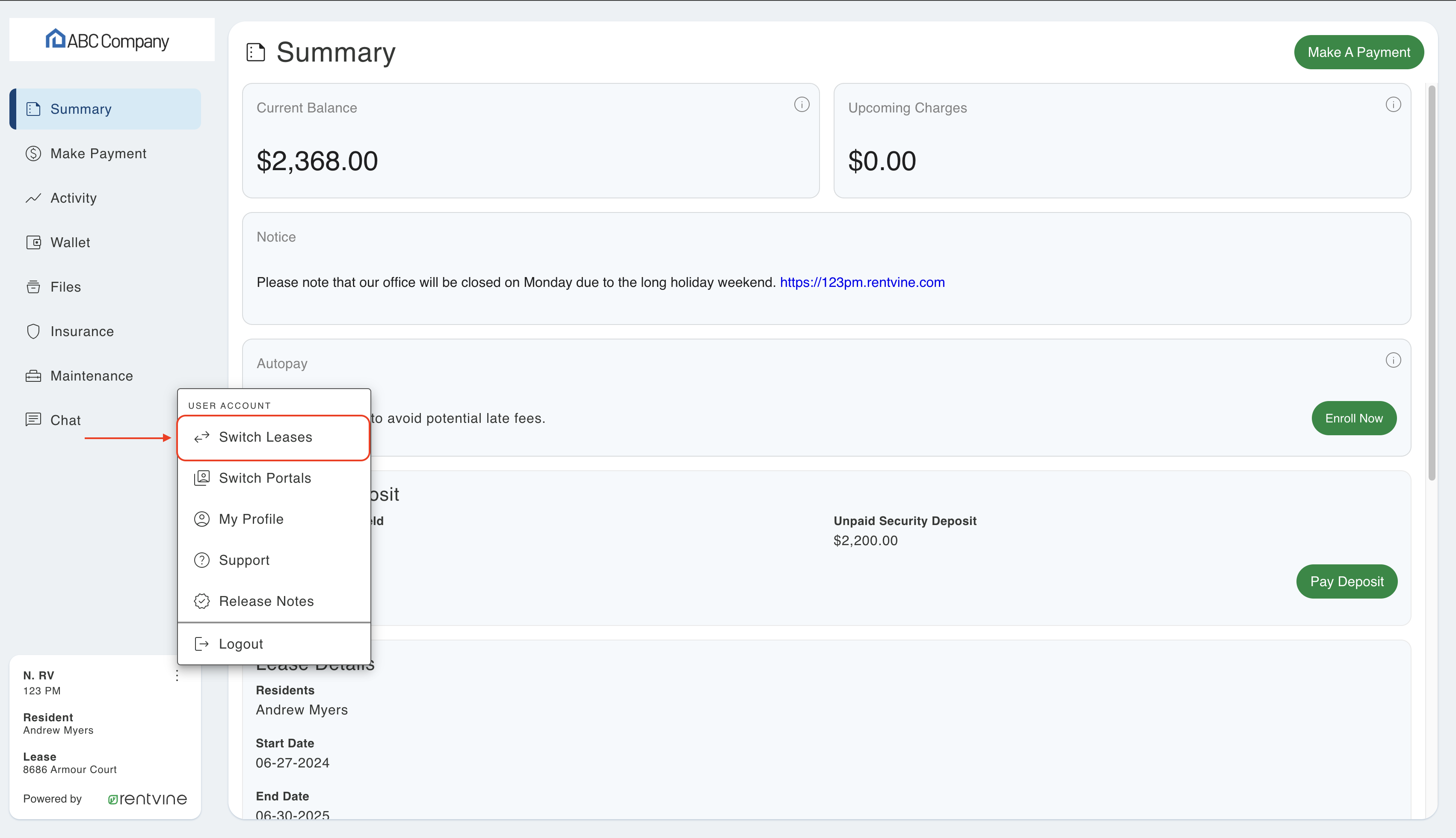 Portal menu showing the 'Switch Lease' option for accessing multiple properties