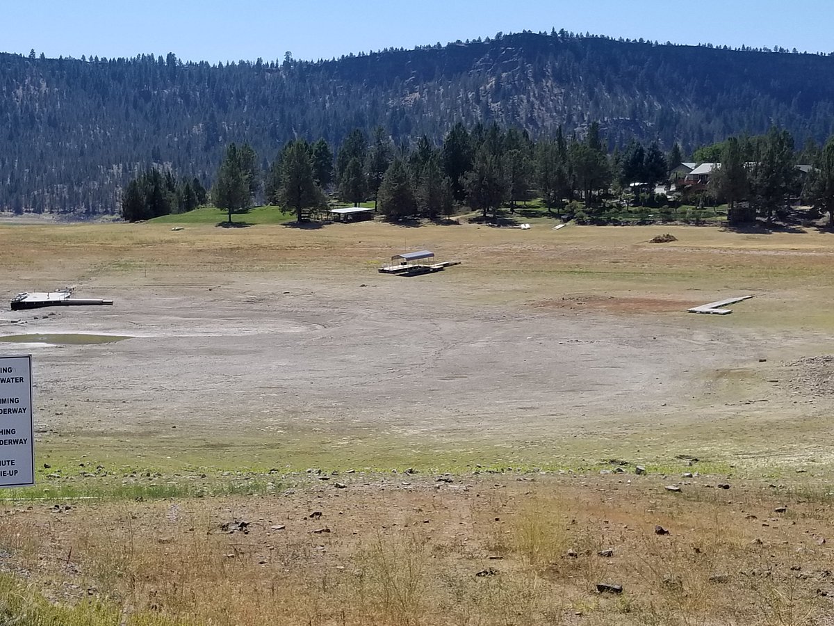Ochoco Reservoir framed by pine-covered ridges, across the highway from the park