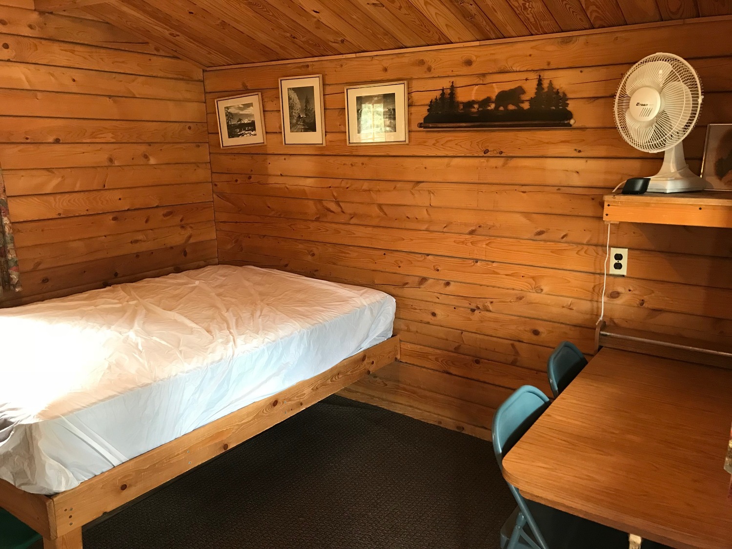 Interior of a log cabin at Sun Rocks RV Park